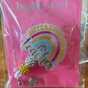 Simply Southern Pink Rainbow 'Teacher' Badge Reel with Gold Accents